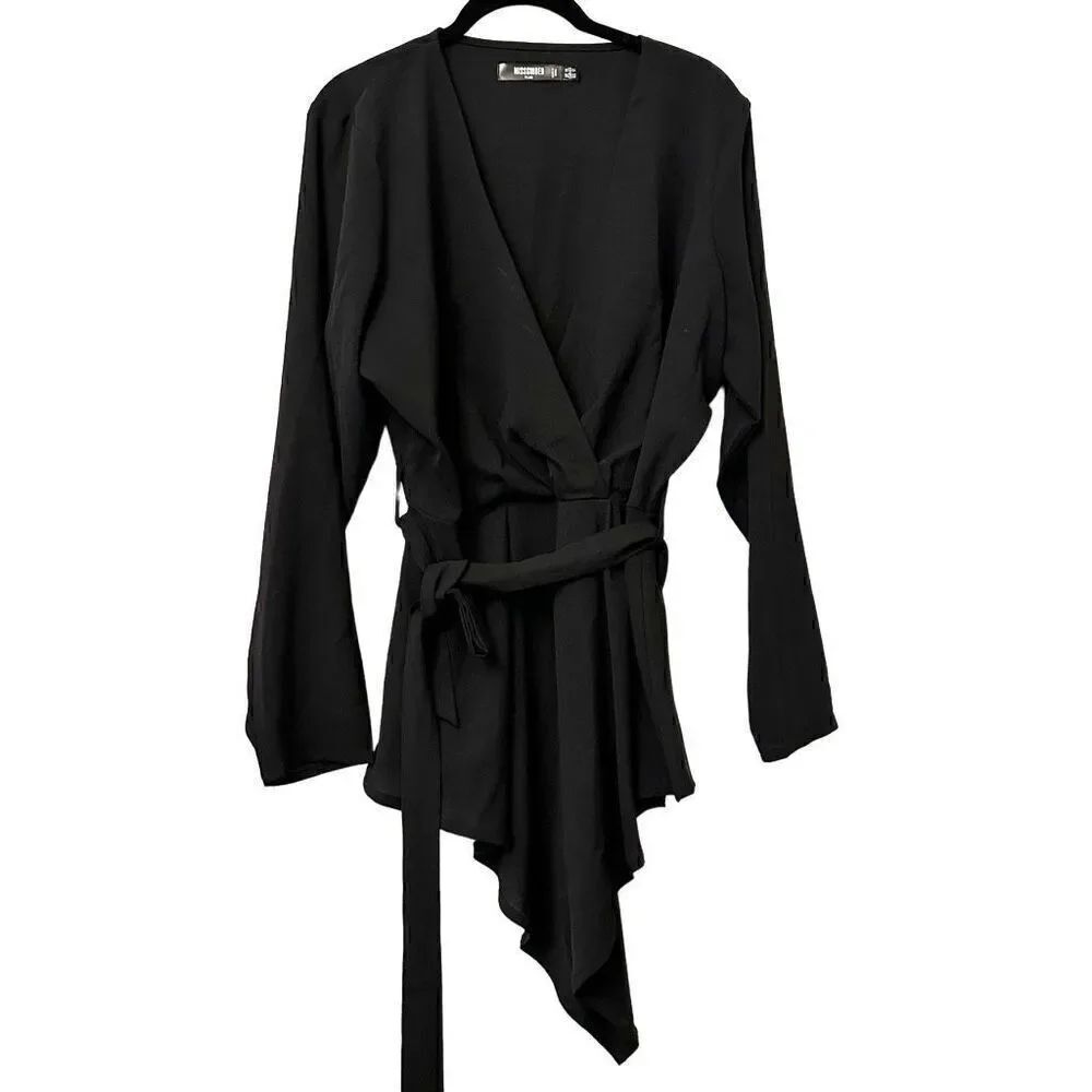 Missguided Asymmetric Hem Long Sleeve Belted Wrap Over Blouse Black Size 12